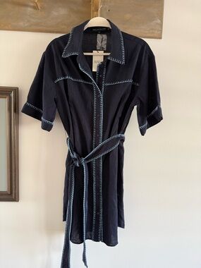 English Factory Navy Blue Midi Shirt Dress with Light Blue Trim